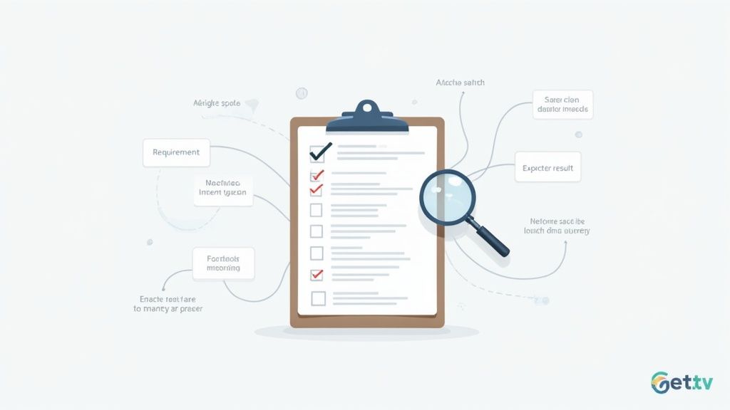 A clipboard with a checklist, some items checked, and a magnifying glass, symbolizing quality assurance and requirement verification.