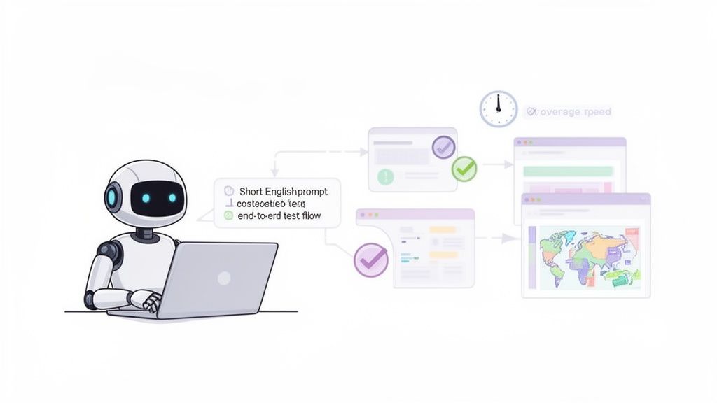A robot using a laptop to automate a complex testing workflow with prompts and various outputs, including a world map.