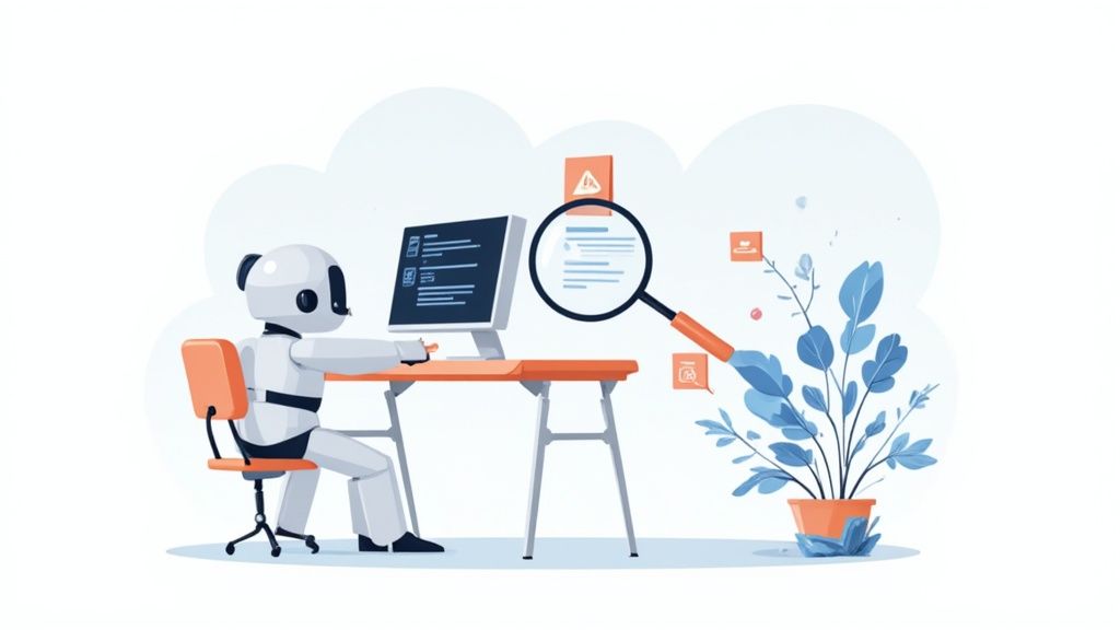 Robot performing quality assurance testing and code analysis at desk with magnifying glass and computer