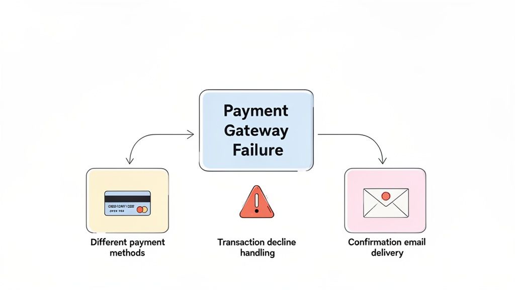 Flowchart illustrating Payment Gateway Failure and its effects on payment methods, transaction handling, and email delivery.