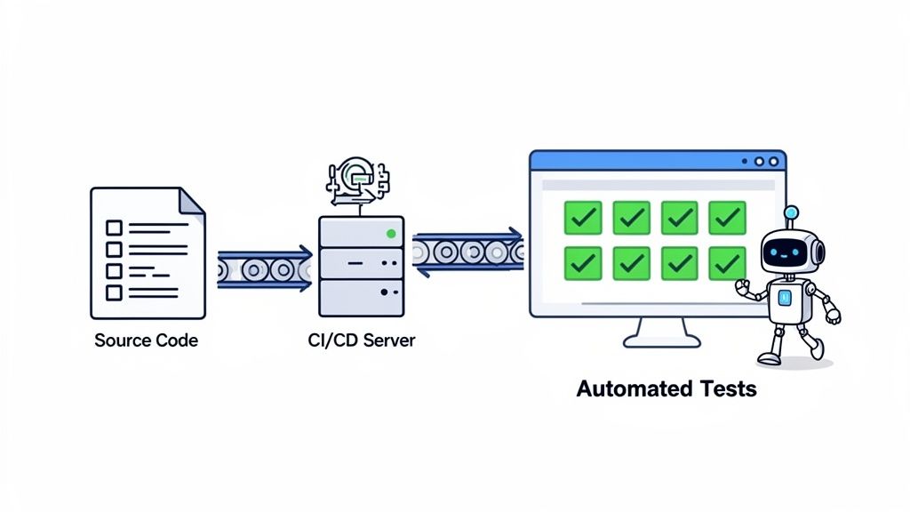 Diagram showing source code processed by a CI/CD server, leading to automated tests with a robot.