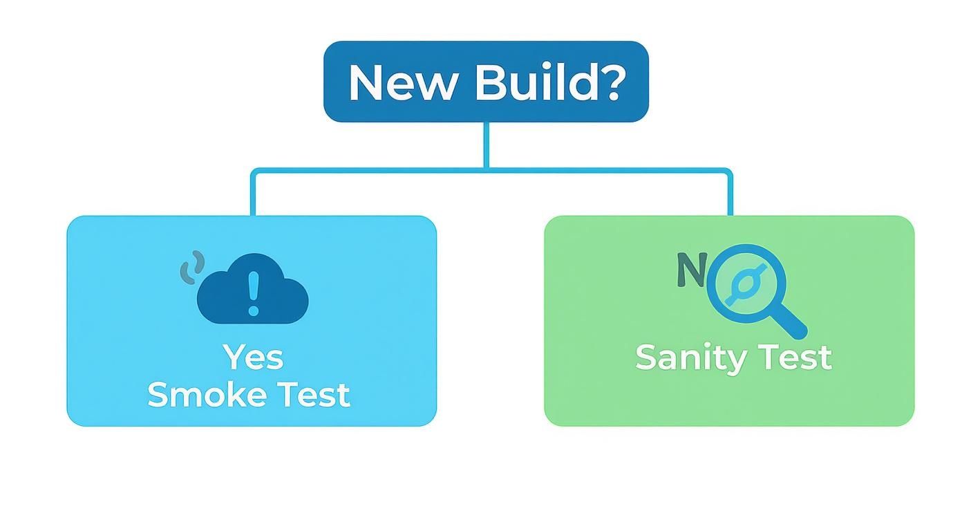 Flowchart explaining when to perform a smoke test versus a sanity test for software builds.