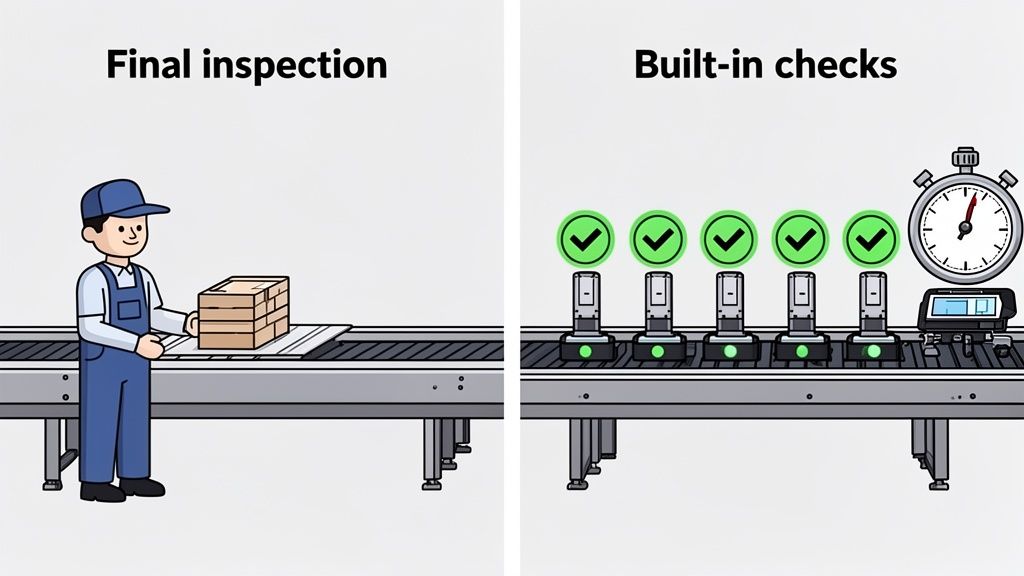 Comparison of manual final inspection by a worker on a conveyor belt versus automated, built-in quality checks.
