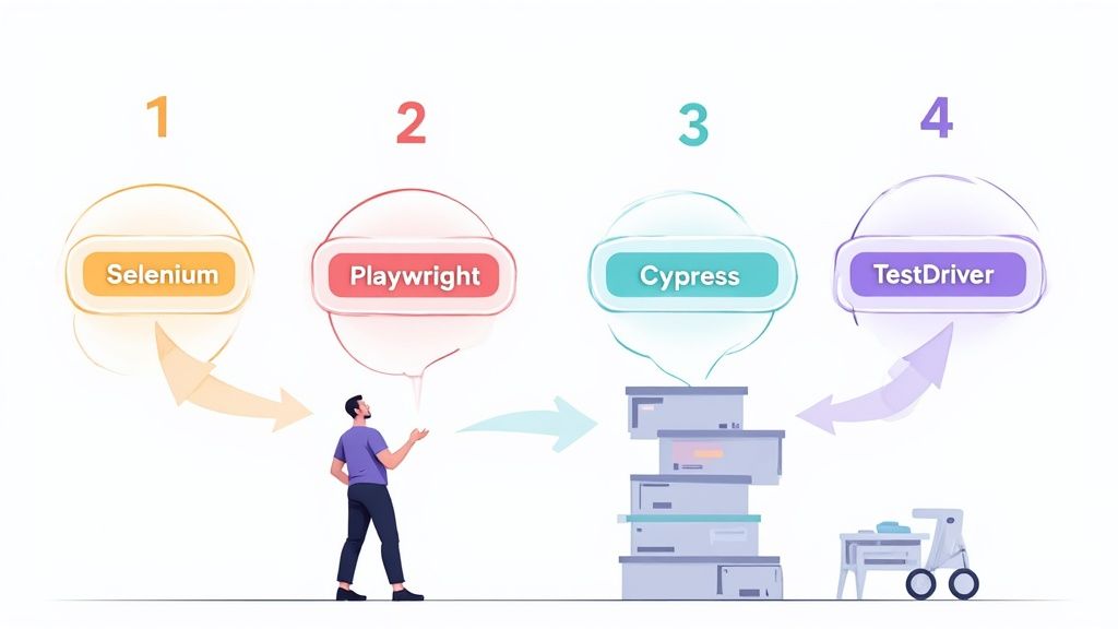 An illustration comparing popular software testing tools: Selenium, Playwright, Cypress, and TestDriver, showing a progression.