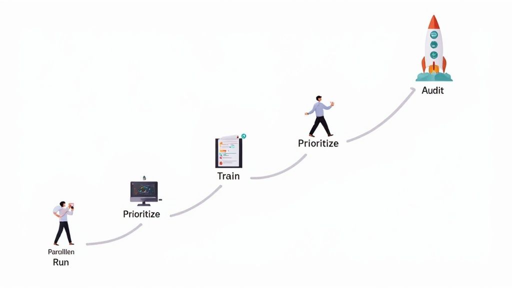 Diagram illustrating a five-step process: run, prioritize, train, prioritize, and audit, leading to a rocket launch.