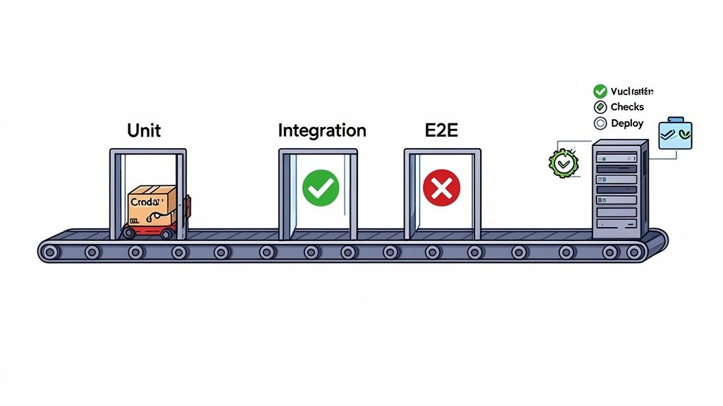 Illustration of a software testing pipeline on a conveyor belt with Unit, Integration, and E2E stages.