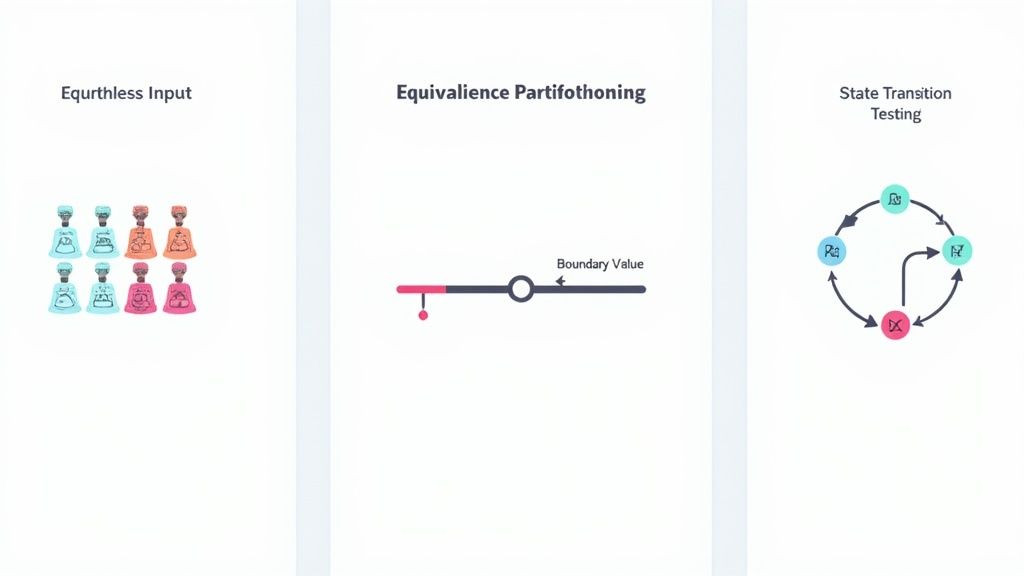 Visual representation of three test case design techniques: Equivalence Partitioning, Boundary Value Analysis, and State Transition Testing.