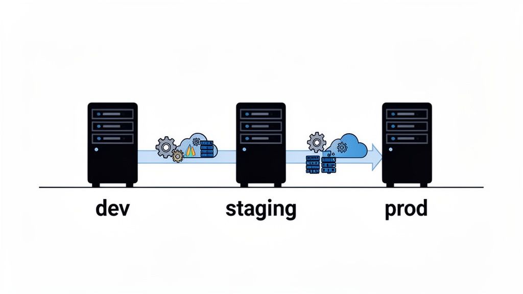 A visual representation of the software development lifecycle from development to production through staging.