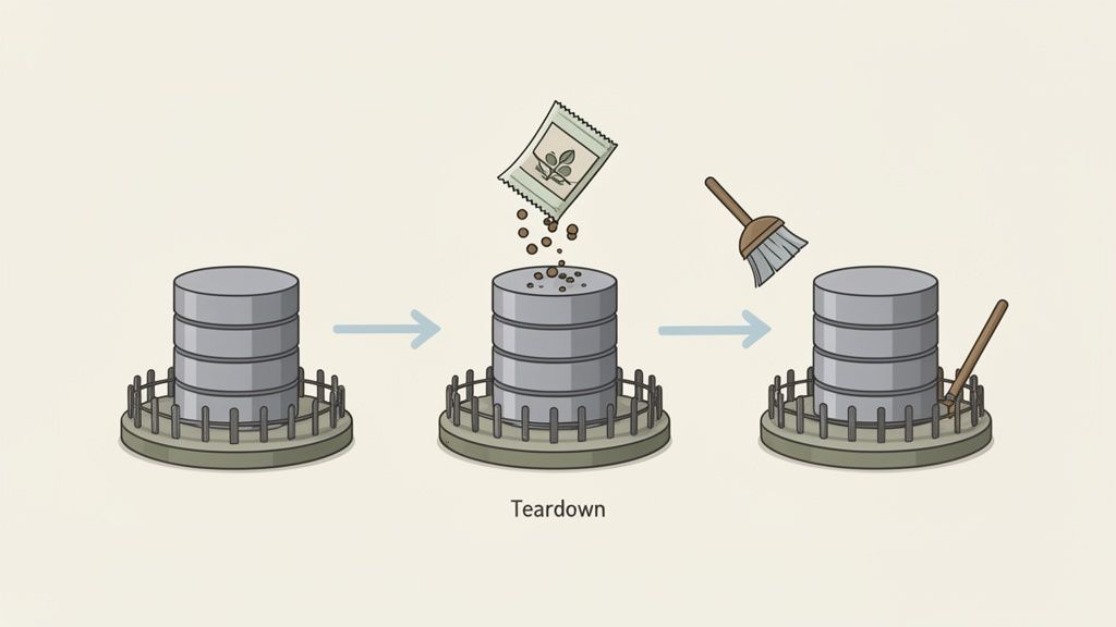 Illustration demonstrating the three-step teardown process of a test server environment, showing cleanup.