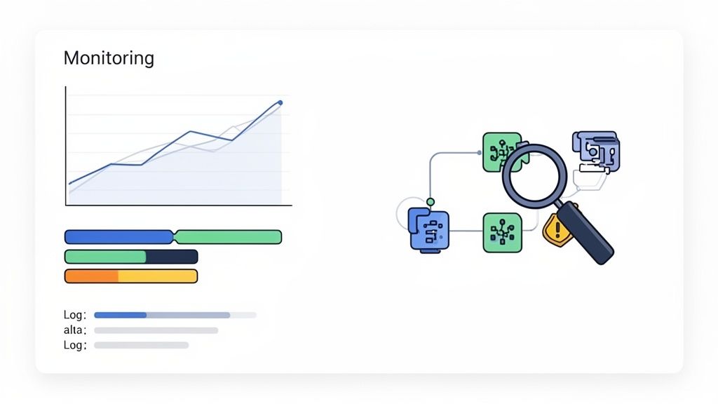 System monitoring dashboard displaying performance graphs, data logs, and a network diagram with an alert.