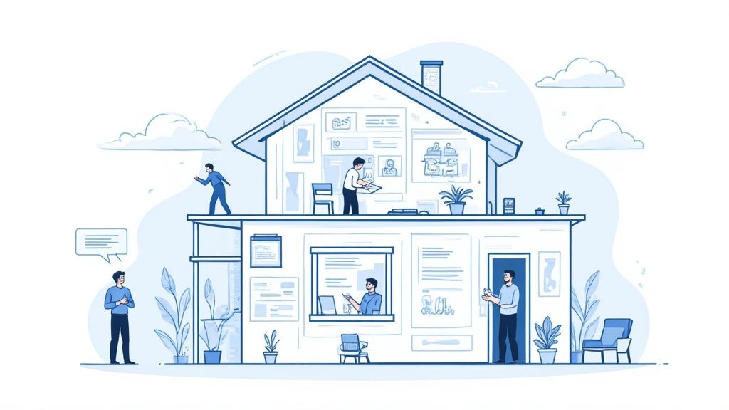 Illustration of remote workers collaborating from different locations in modern house workspace