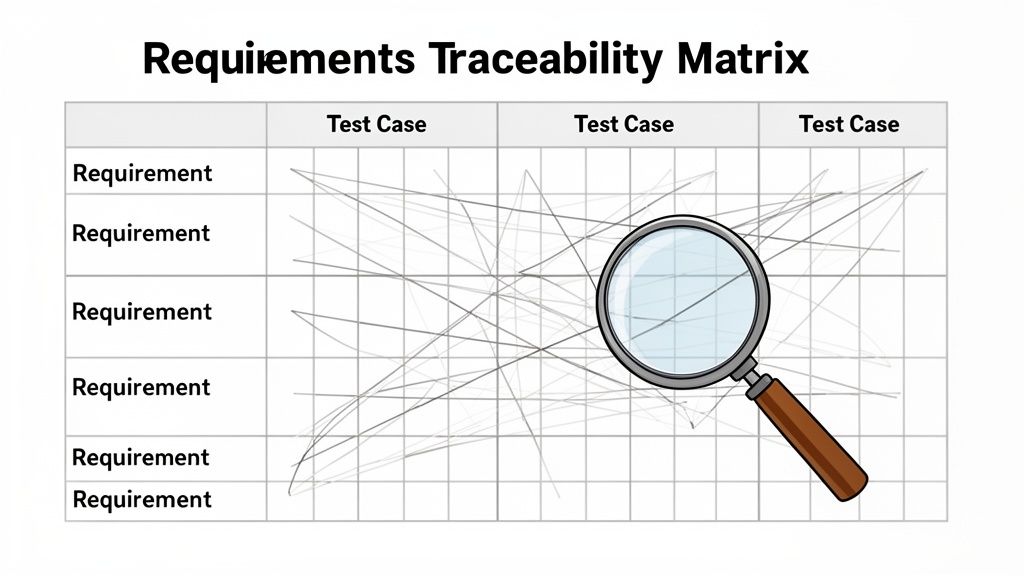 A requirements traceability matrix showing connections between requirements and test cases, with a magnifying glass examining the complex relationships.