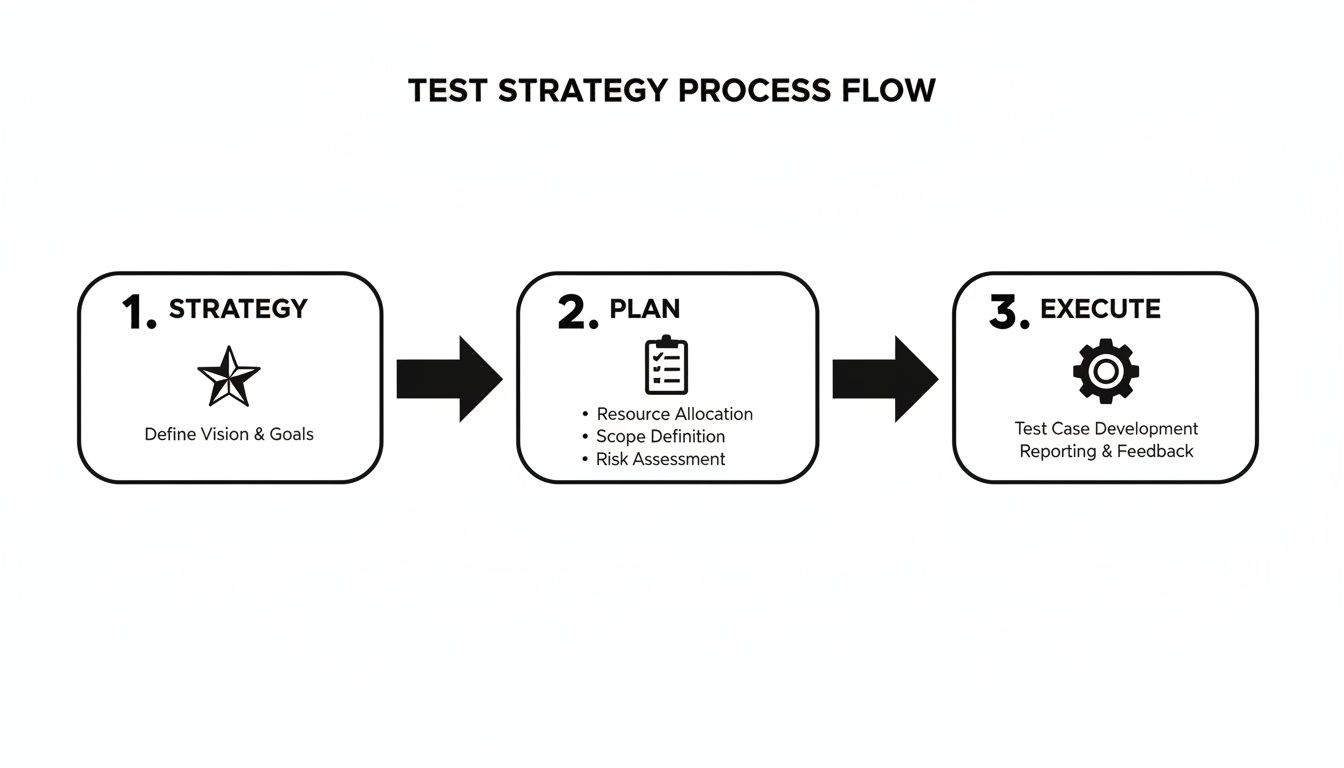 A clear flowchart illustrating the Test Strategy Process Flow with three steps: Strategy, Plan, and Execute.