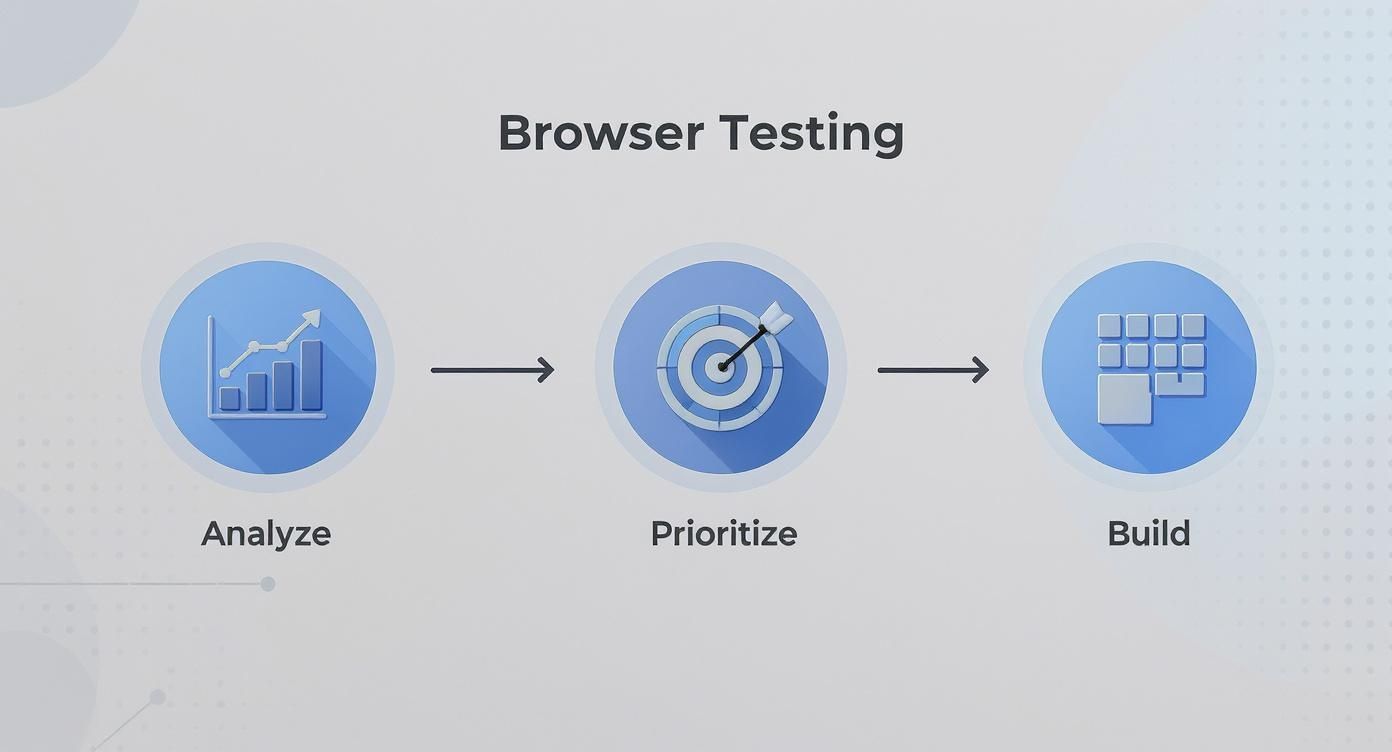 A diagram titled 'Browser Testing' showing a three-step process: Analyze, Prioritize, and Build.