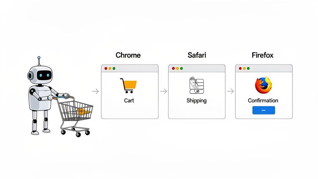 A robot automates an e-commerce checkout process across Chrome, Safari, and Firefox browsers.