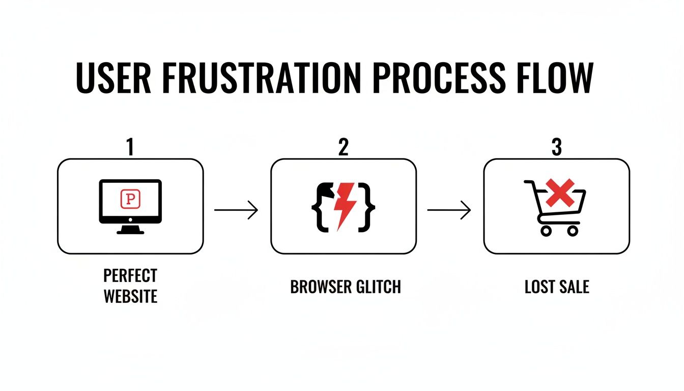Flowchart shows user frustration: a perfect website, then a browser glitch, leading to a lost sale.