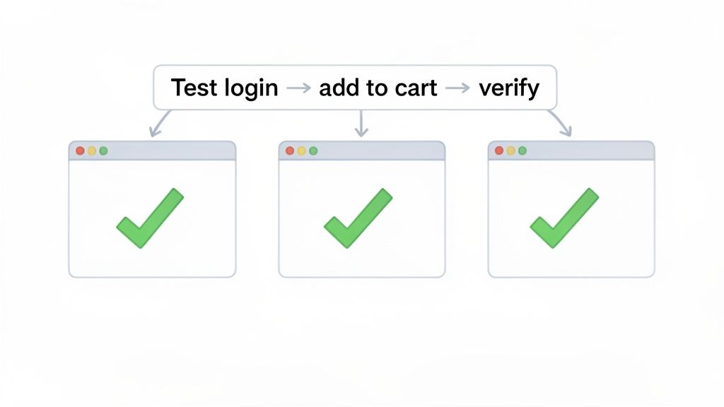 A diagram illustrating a successful website test flow with three steps: login, add to cart, and verify, each represented by a browser window with a green checkmark.