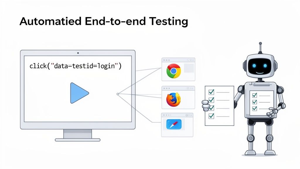 An illustration of automated end-to-end testing, executing code across Chrome, Firefox, Safari, verified by a robot.