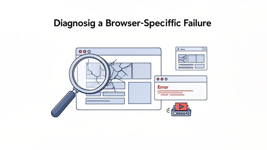 Illustration of a magnifying glass examining a broken webpage in a browser, highlighting a specific failure.