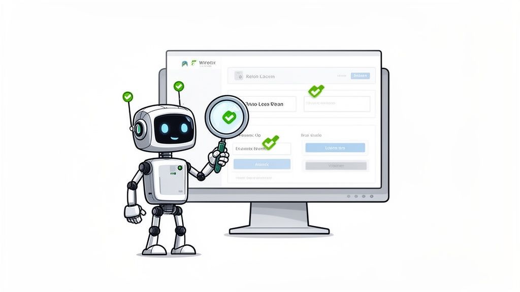 A friendly robot holds a magnifying glass next to a computer screen demonstrating UI automation testing success.