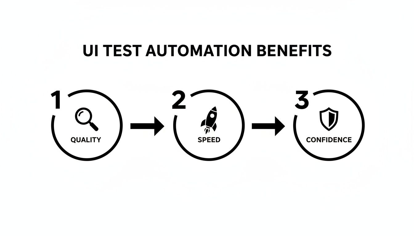 Infographic illustrating UI test automation benefits: quality, speed, and confidence in three steps.