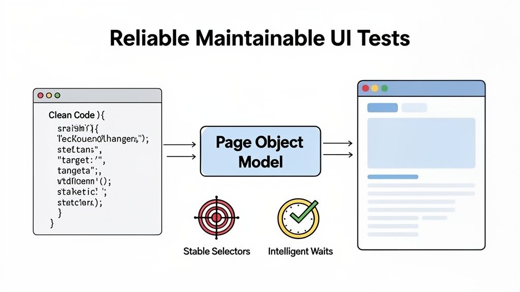 Diagram explaining reliable and maintainable UI tests using clean code, page object model, and intelligent waits.