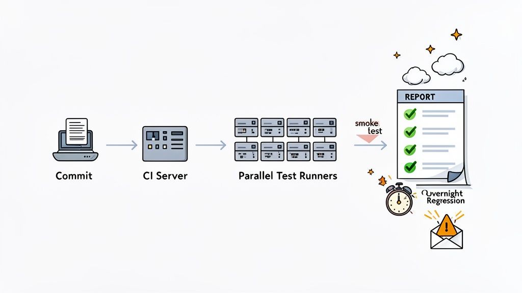 Diagram showing a software testing pipeline from commit to parallel execution and overnight regression reports.