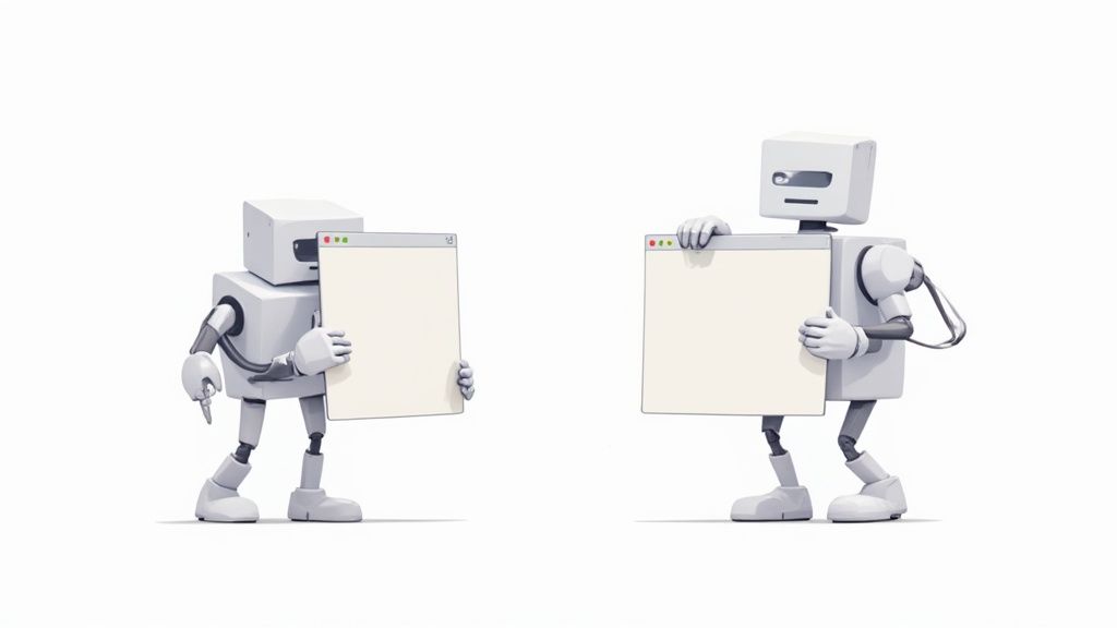 Two robots holding blank computer windows displaying empty browser screens for comparison testing