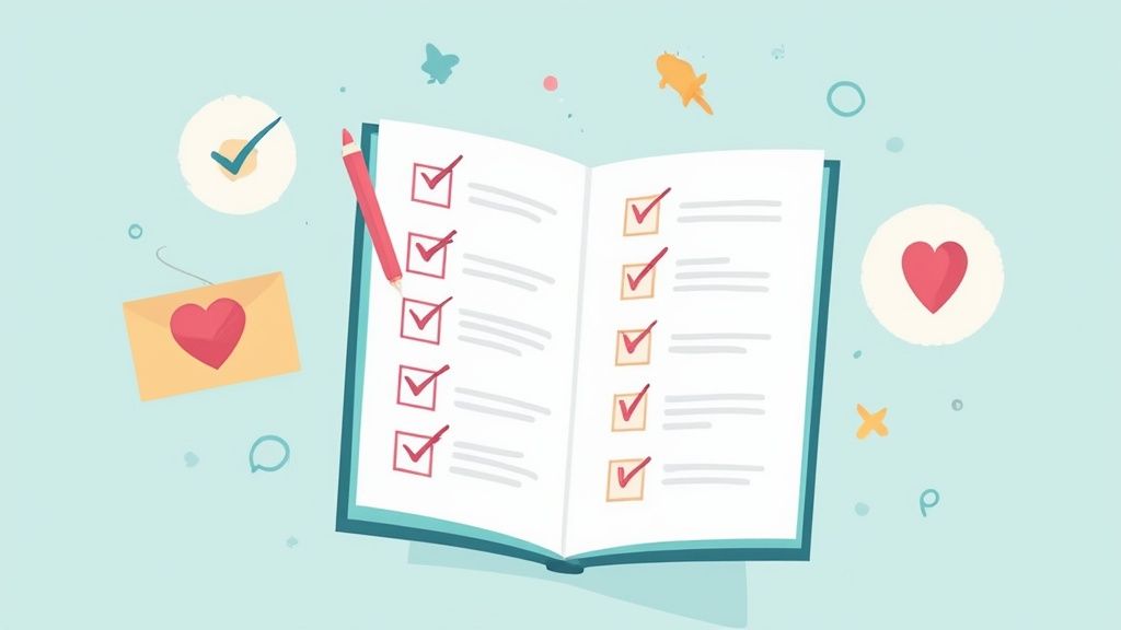 Open notebook with checklist items marked complete, surrounded by heart symbols and decorative elements