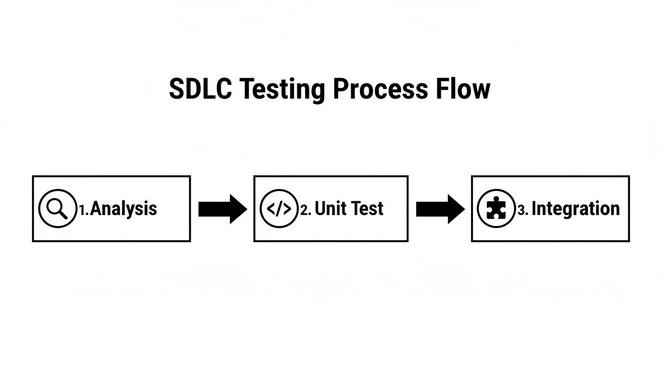 A flowchart showing the SDLC testing process flow, including Analysis, Unit Test, and Integration steps.