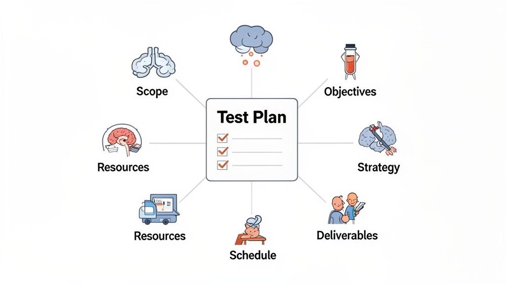 A diagram illustrating a test plan, detailing its scope, objectives, strategy, deliverables, schedule, and resources.