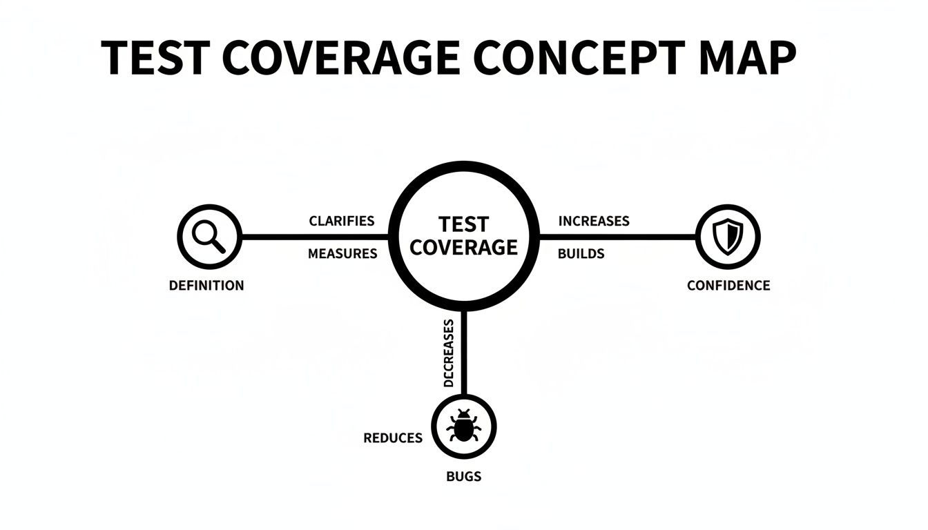 A concept map showing 'Test Coverage' at the center, linked to definition, confidence, and bugs.
