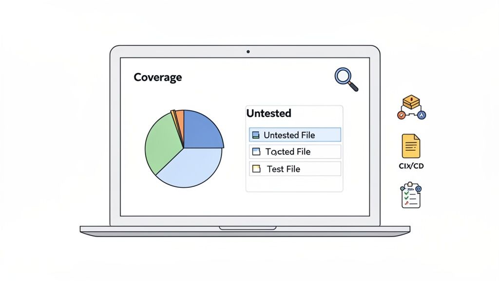 A laptop screen shows a 'Coverage' pie chart with untested, tocted, and test files, alongside CI/CD related icons.