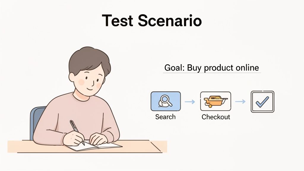 Illustration of a test scenario for buying products online, showing steps: search, checkout, and completion, with a person writing.