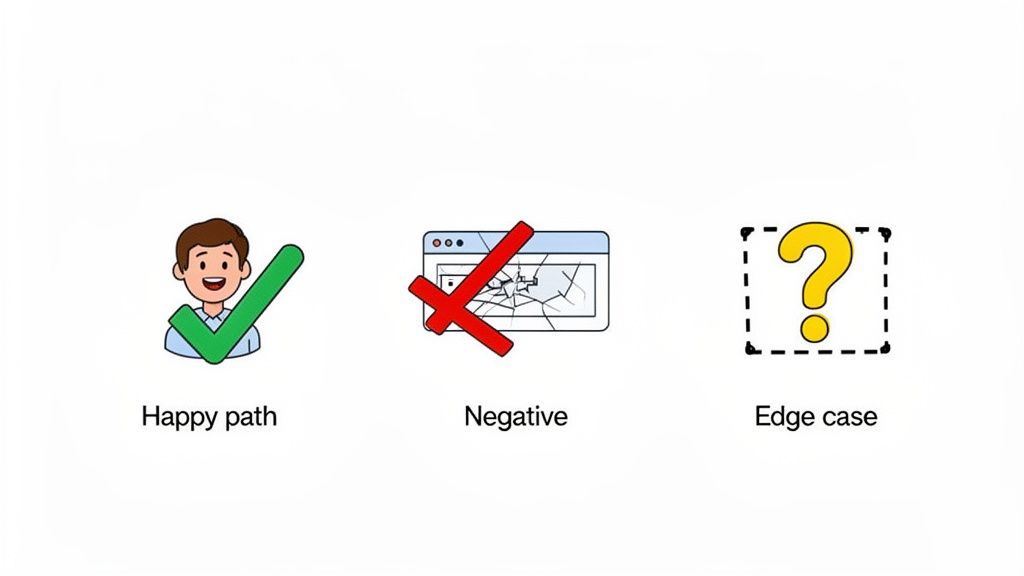 Three icons illustrate software testing: happy path (person with checkmark), negative (broken browser with cross), and edge case (question mark).
