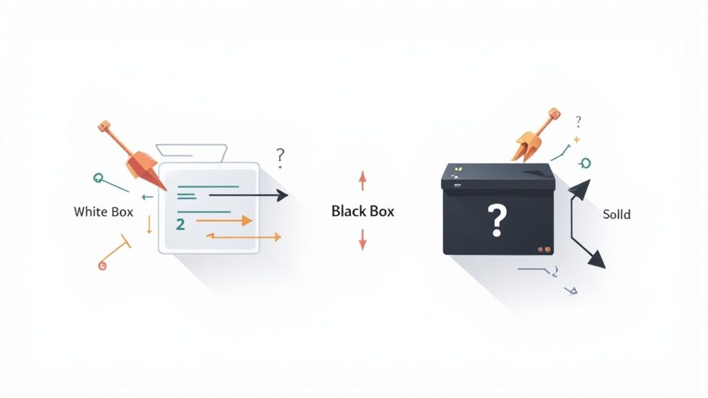 Illustration comparing white box testing, showing internal details, with black box testing, focusing on external behavior.