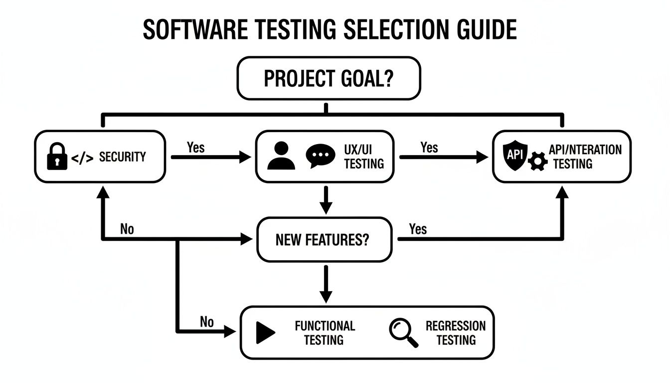 Flowchart diagram outlining a software testing selection guide based on project goals.